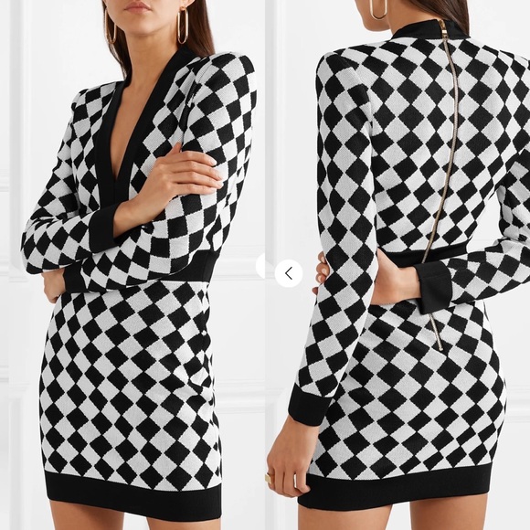 New Balmain Two-Tone Intarsia-Knit Mini Dress - Picture 16 of 17